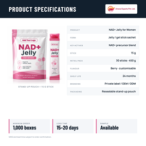 NAD+ เจลลี่สติ๊กสำหรับผู้หญิง 15 กรัม |   30 แท่ง/แพ็ค |   อาหารเสริมต้านอนุมูลอิสระ |   ธรรมชาติ |   OEM แบรนด์ส่วนตัว - Product Image 2