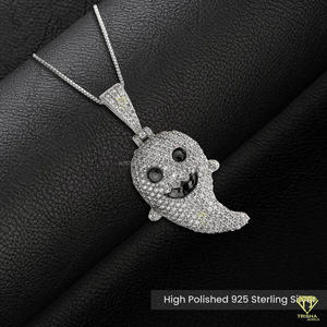 High Shine Ghost Inspired Pendant <b>Necklace</b> Featuring Moissanite Diamonds In <b>Solid</b> 925 <b>Silver</b> Hip Hop Jewelry - Product Image 4