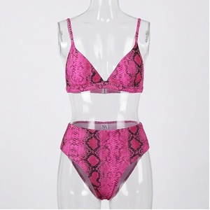 Pink Snake Print 2 Piece <b>Bikini</b> <b>Set</b> High Waist Bottoms <b>Triangle</b> Top Women Swimwear - Product Image 1
