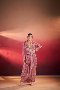 Tenue en soie Tasar à motifs artistiques fantaisistes de créateur indien, style moderne, sari Dhoti avec Koti et Blouse pour femme - Product Image 4