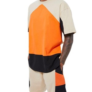 Ensemble deux pièces pour hommes, orange et beige, t-shirt à manches courtes et short, style décontracté, streetwear d'été - Product Image 4