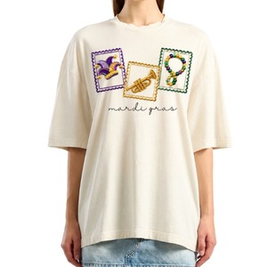 Elegant Wholesale Breathable <b>Women's</b> Oversized <b>White</b> <b>T</b>-<b>Shirt</b> Mardi Gras Mask Crew Neck Loose Drop Shoulder Tee - Product Image 2