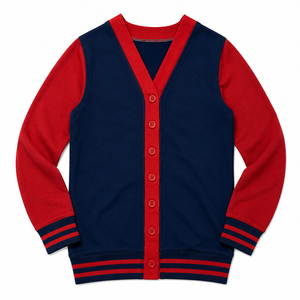 Cardigan en tricot pour femmes, couleur contrastée bleu marine et rouge, col en V, manches longues, fermeture à boutons, coupe classique, toutes saisons - Product Image 1