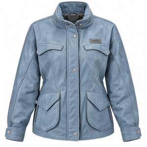 Chaqueta de Campo de Piel de Cordero Genuina Azul Polvoriento para Mujer, Abrigo Utilitario Ligero de Cuero con Cuello a Presión, Forro Acolchado y Cintura Ajustable - Product Image 1