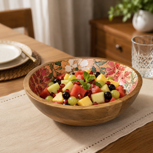 Bol à salade en bois de manguier fait main de qualité supérieure avec finition imprimée en émail floral, bol de service en bois sans danger pour les aliments, décoration de cuisine et de salle à manger, cadeau - Product Image 4