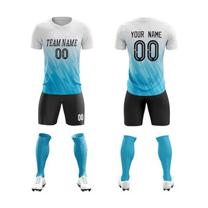 Ensemble de maillot de football personnalisé pour homme, blanc et bleu dégradé, col en V, manches courtes, polyester respirant, coupe athlétique, toutes saisons - Product Image 1