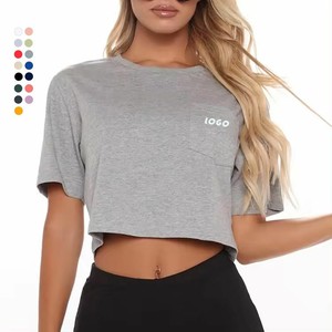 Camiseta Corta de Algodón 100% para Mujer, Cuello Redondo, Color Verde Oliva, Manga Corta, Color Sólido, con Bolsillo, Corte Holgado, Informal, Primavera Verano, Jersey OEM - Product Image 3