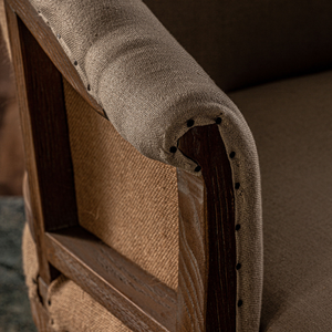 French Classic Handmade Accent <b>Chair</b> Solid Teak Upholstered Linen Fabric Curved <b>Back</b> Elegant Living Villa Home Office Hotel - Product Image 6