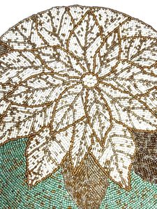 Irregular Beaded Bohemian Table <b>Mat</b> with White Poinsettia Design on Green Background Durable Handmade Fabric Decorative Placemat - Product Image 4