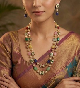 Luxury Multicolor Gemstone Long Necklace <b>Earrings</b> <b>Bracelet</b> <b>Set</b> Gold Plated Kundan Polki Beaded Statement Wedding Jewelry for - Product Image 4