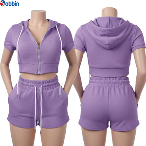 Conjunto Deportivo Casual de 2 Piezas para Mujer, Top Corto con Capucha y Pantalones Cortos, Color Morado, Manga Corta, Transpirable, Tendencia Actual - Product Image 4