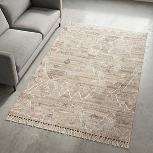 Modern Handwoven Jute Rug Beige <b>Cream</b> Abstract Geometric Pattern Fringed Textured Thick Anti-Slip Area Carpet Living Room - Product Image 4