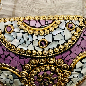 Regal Silver-Plated Chain <b>Mosaic</b> Metal Clutch Bag Hand Inlaid Natural Stones Premium Silk Interior Custom Color Fashion Craft - Product Image 2