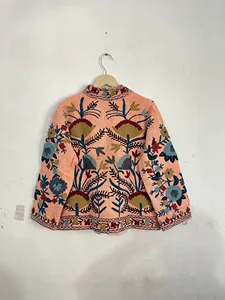 <b>Women</b> Boho <b>Light</b> Pink Suzani Embroidered Cotton <b>Jacket</b> Stand Collar Floral Handwork Ethnic Short Coat Vintage Style Outerwear - Product Image 5