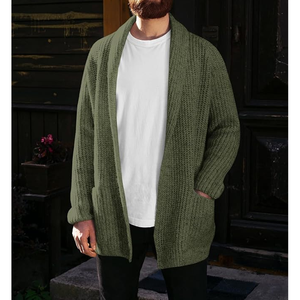 <b>Men's</b> Olive Green Knitted <b>Cardigan</b> Sweater <b>Shawl</b> <b>Collar</b> Long Sleeve Solid Color With Pockets Autumn Wear - Product Image 4