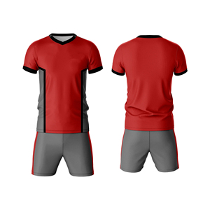 Men's Red Soccer Jersey Set Short Sleeve Crew Neck Moisture Wicking Polyester Material Uniform with Gray Shorts Elastic Waist - Product Image 5