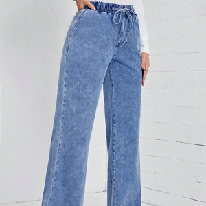 Pantalones vaqueros de mezclilla de cintura alta con cordones para mujer, a la moda, vintage, de pierna ancha y corte recto. - Product Image 3