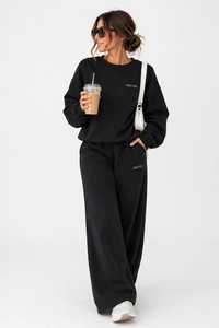 <b>Women's</b> <b>Black</b> Loose Fit Turtleneck Anti-Shrink 100% Cotton Sweatshirt & Wide Leg Split Hem <b>Pants</b> Casual Tracksuit Set - Product Image 3