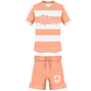 Conjunto de Uniforme de Rugby Blanco Melocotón de Manga Corta, Jersey de Rugby a Rayas con Cuello Redondo, Pantalones Cortos con Cordón, Ropa Deportiva para Entrenamiento y Equipo - Product Image 1
