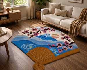 Éventail pliant artisanal en bois naturel, design moderne peint avec des fleurs de cerisier et le mont Fuji, décoration d'intérieur, artisanat, cadeau - Product Image 4