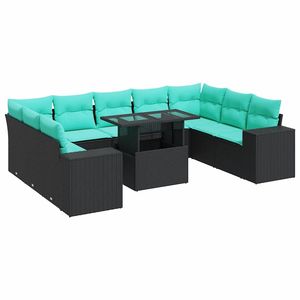 Set di divani da giardino in polyrattan nero da 10 pezzi con cuscini - Product Image 2