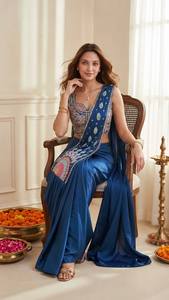 Conjunto de Saree de Satén Azul Bordado para Mujer, Estilo Indio Moderno para Bodas, Fiestas, Diwali, Blusa sin Mangas, Dupatta, Corte en A - Product Image 3