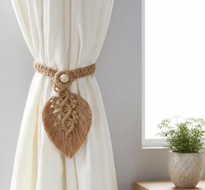 Macrame Leaf Curtain Tie Backs – Boho Fabric Handmade Curtain Holdbacks – Handmade Woven Drapery Ties - Product Image 1