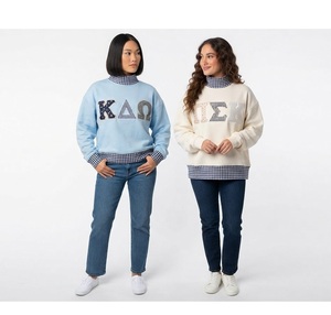 Sweat-shirt oversize à col rond pour femme, bleu marine, avec lettres grecques Phi Omega Alpha, bordure à carreaux, en coton tricoté, style automne - Product Image 6