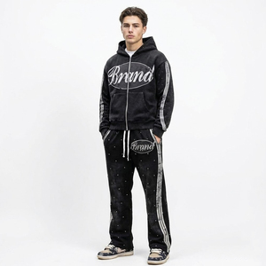 Ensemble de survêtement pour homme avec strass, sweat à capuche zippé et pantalon de jogging, tenue décontractée deux pièces style streetwear - Product Image 1