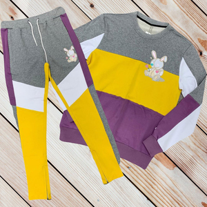 Cartoon Tracksuit Set Blue <b>White</b> Black Color Block Sweatshirt Rabbit Embroidery Matching <b>Jogger</b> Pants Casual Winter 100% Cotton - Product Image 4