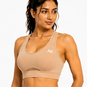 Soutien-gorge de sport sans coutures pour femme, dos nageur, col rond, design découpé, respirant, maintien moyen, pour yoga et fitness, couleur unie - Product Image 5