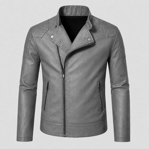 New Private Label Casual Style Motorcycle Windproof leather <b>Jacket</b> Canvas Genuine Leather Stand Collar Side Pockets - Product Image 1