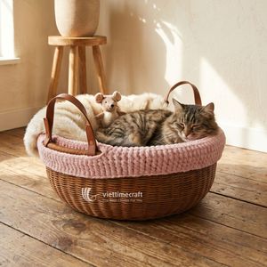 Cesta de Almacenamiento Redonda de Ratán Ecológica con Borde de Punto Afelpado, Cesta Decorativa Moderna Multifuncional para Guardería, Picnic, Cama para Mascotas - Product Image 3