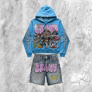 ชุดเซ็ตฮู้ดดี้โอเวอร์ไซส์สำหรับผู้ชายฤดูหนาวและกางเกงยีนส์ขาสั้น พิมพ์ลายโลโก้แบบ DTG ไม่มีเชือกผูก สตรีทแวร์สั่งทำได้ ผ้าฝ้ายระบายอากาศ ผ้าเฟรนช์เทอร์รี่ - Product Image 1