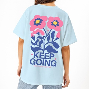 Fashionable Women Light Blue Shoulder Drop Crew Neck <b>T</b>-<b>Shirt</b> 100% Cotton Short Sleeve Casual Cartoon Print Regular Fit Spring - Product Image 2