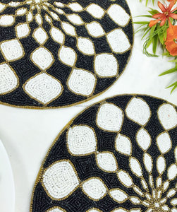 Black and White Geometric Mandala Beaded Placemat Gold Border <b>Round</b> Table Decor Modern Boutique Wholesale Artistry By PR India - Product Image 6