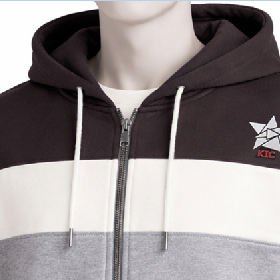 Sudadera con capucha y cremallera para hombre, con logo personalizado, diseño de bloques de color en tres tonos y paneles en contraste, de mezcla de algodón y forro polar de alto gramaje. - Product Image 2