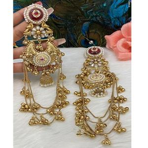 Encantadores Pendientes Largos de Oro Chapado de la Mejor Calidad con Pedrería Polki Kundan para Mujer, Estilo Tradicional, Colección para Bodas - Product Image 1