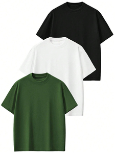 Men's Oversized Solid Cotton Canvas T-Shirt Short Sleeve O-Neck Casual Printed Quick Dry Front <b>Logo</b> Regular Length Black White - Product Image 2