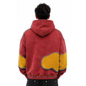 Sudadera con Capucha Oversize para Hombre YOURBRAND, Diseño de Parches Rojos y Amarillos, Estilo Urbano, Algodón French Terry, Bolsillo Canguro, Otoño - Product Image 3