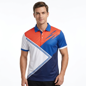 Polo à manches courtes pour homme, imprimé géométrique, rouge, bleu, blanc, couleurs contrastées, séchage rapide, tricoté en polyester, sportif, coupe classique - Product Image 3