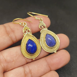 Natural Lapis Lazuli Bohemian Drop Earrings Handmade gold Plated Brass Blue Gemstone Dangle Earrings High Quality Unique - Product Image 1