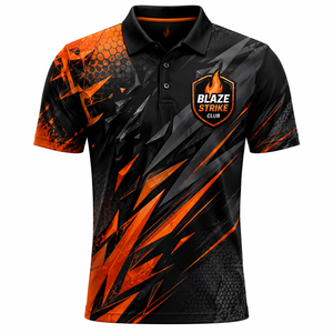 Polo de Manga Corta para Hombre Blaze Strike Club, Negro con Estampado Geométrico Naranja, Secado Rápido, Diseño Deportivo Informal, Logotipo Frontal - Product Image 1