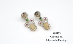 Pendientes colgantes 09405 con circonita cúbica, pendientes con piedra doble, pendientes chapados en Mehandi, joyería floral de latón para bodas y fiestas. - Product Image 2