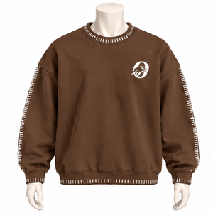 Mens <b>Brown</b> Stitched Border Distressed Crewneck Sweatshirt Loose Fit <b>Long</b> <b>Sleeve</b> Pullover Casual Streetwear Everyday Fashion <b>Top</b> - Product Image 1