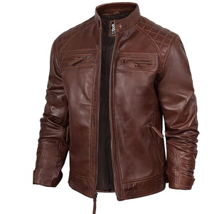 Chaqueta de Motociclista de Cuero Genuino para Hombre, Cierre de Botones, Color Marrón Sólido, Largo Regular - Product Image 1