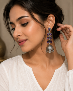 Oxidized <b>Silver</b> Purple Marquise Stone Long Jhumka <b>Earrings</b> Handmade Indian Statement Drop <b>Earrings</b> Wholesale - Product Image 5