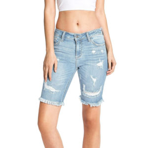 Shorts de Mezclilla Ajustados de Cintura Media para Mujer, Casuales de Verano, con Cierre de Botones, Bordados, Lavado Claro Personalizado, 100% 400g - Product Image 1