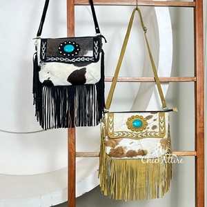 Bolso de Hombro de Cuero con Flecos y Pelo de Vaca Estilo Occidental para Mujer, de Alta Calidad, con Piedra Turquesa, Nuevo Diseño con Logotipo Estampado, 2026 - Product Image 1