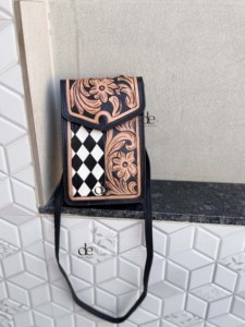 Hand Tooled Carving Leather Phone <b>Purse</b> Sling Bag <b>Small</b> Size Checkered Pattern Handbag For Women Daily Use Shoulder Strap - Product Image 4